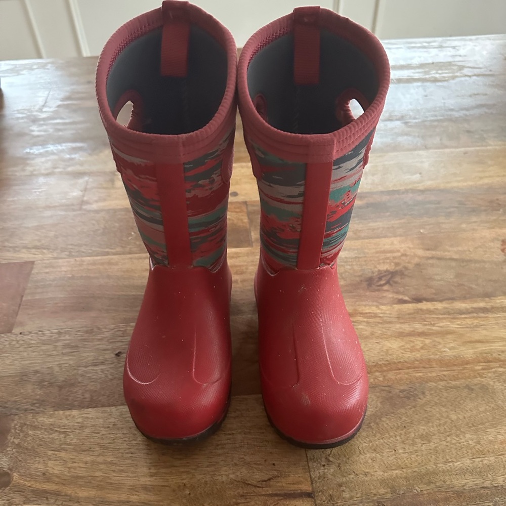 Bogs Kids Red Rain Boots with Multicolor Pattern